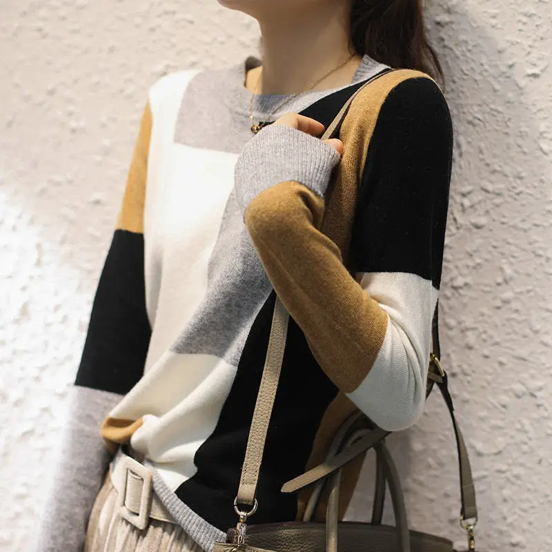 

2021 100% Pure Wool New Pullover Women's O-Neck Sweater Fashion Stitching Cashmere Sweater Autumn Winter
